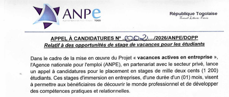 Projet « Vacances actives en entreprise » : Un mois de stage pour 1200 étudiants togolais